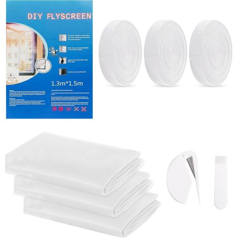 Moustiquaire Fenetre Sans Percage, Filet Anti-Insectes avec Bande Auto-Agrippante, Moustiquaire Adhésive pour Fenêtre, Moustiquaire Recoupable, Anti Mouche Moustiques (Blanc, 130 x 150 cm 3 Pièces)