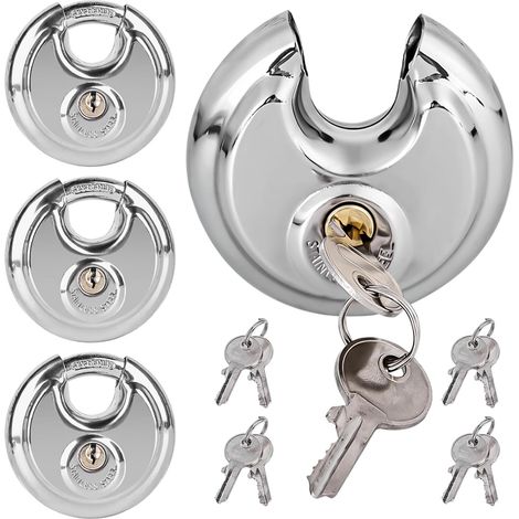 Lot de 4 serrures à anse rondes de 70 mm, cadenas avec 8 clés, serrure ronde avec manille en acier inoxydable, serrure à disque, ronde antirouille, résistante aux intempéries, serrure de (1/5)