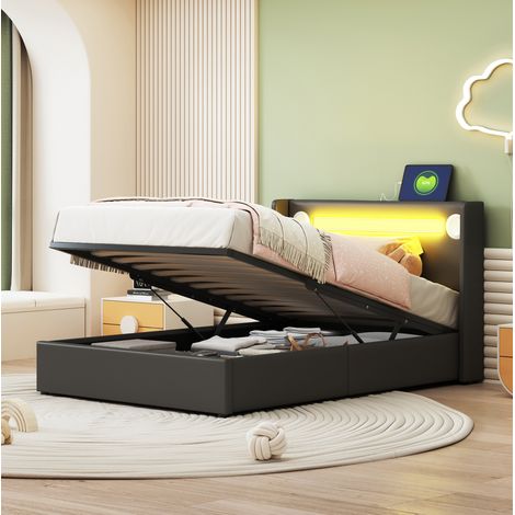 Lit enfant capitonné 90x200 cm noir, simili cuir PU, tête de lit, LED, Bluetooth, USB et coffre de rangement (1/5)