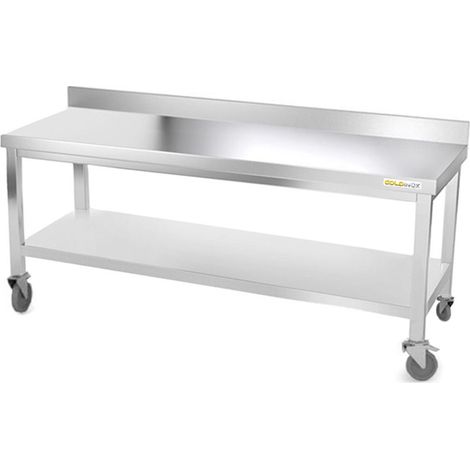 Table de travail en inox soubassement 2000 x 600 mm adossée sur roulettes PREMIUM - GOLDINOX (1/4)