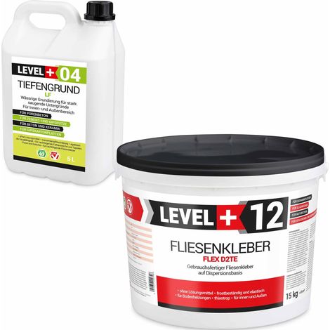 LEVEL+ Fliesenkleber 15Kg + Tiefengrund 5L Dispersionkleber Weiß Steinkleber SET207 (1/4)