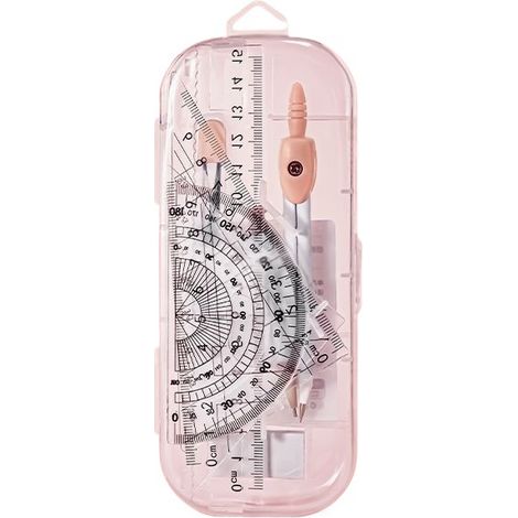 Ensemble de règles compas de 7 pièces avec rapporteur, triangle, règle d'angle et porte-stylo, pour l'école, les examens et l'apprentissage, coffret rose (1/5)
