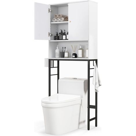 COSTWAY Meuble WC, Meuble Machine à Laver, Rangement de Salle de Bain à 2 Portes et Compartiment Ouverte, 2 Crochets Latéraux, 23 x 63 x 165,5 cm (Blanc) (1/5)