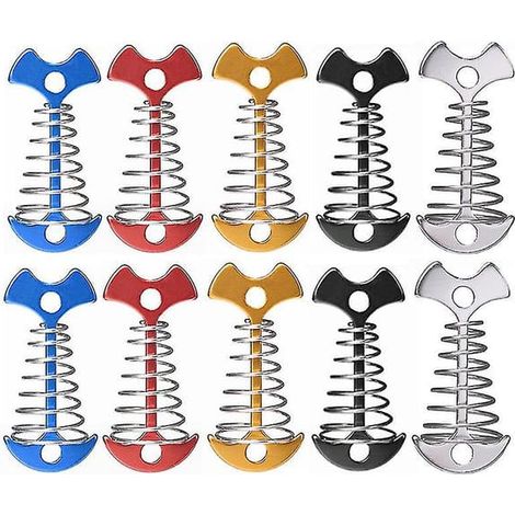 Lot de 10 piquets de tente réglables à ressort pour plancher, à chevrons, avec boucle et clou de fixation pour auvent extérieur et terrasse. (1/4)