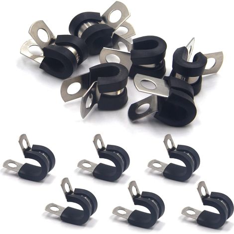 Lot de 12 clips en P doublés en caoutchouc, clips pour tuyau en acier inoxydable de 6 mm (1/4''), clips en P pour tuyau, câble, fil, montage de tuyau, noir (1/5)