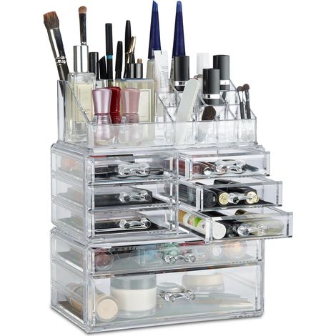 2x Organizer Make-up con Cassetti, Contenitore Impilabile con Porta-Rossetti, in Acrilico, Trasparente
