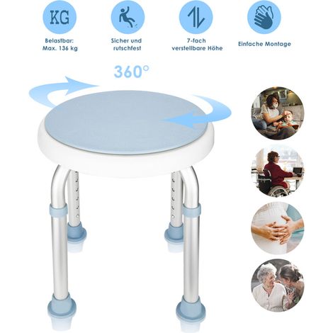Tabouret douche pivotant 360°, hauteur 36-51 cm, aluminium carré, antidérapant, 136 kg, aide douche senior (1/5)
