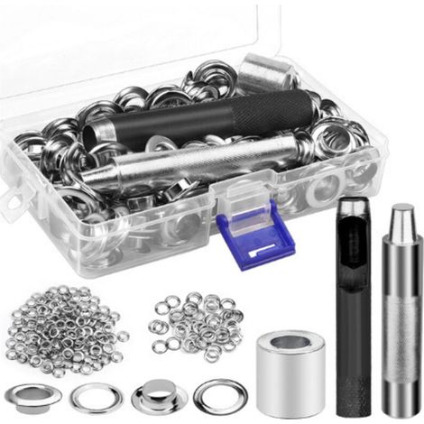 Lntyq Trousse à œillets Outils 12mm Metal Ensembles Oeillets 100 Set Kit de Grommets Eyelets Kit pour Toile Bâche Tente de Réparation Argent