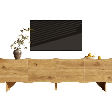 Armoire TV design ondulé, 155 cm meuble média avec 4 portes, rangement et passe-câbles, aspect bois élégant pour salon moderne