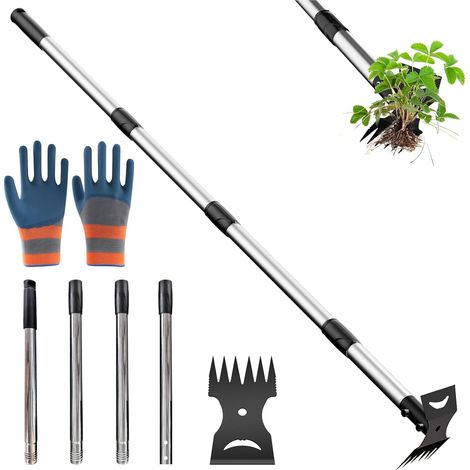 Outil de désherbage à long manche de 148 cm, extracteur de mauvaises herbes à long manche, râteau de jardin 2 en 1 pour désherbage, désherbeur robuste pour jardin, pelouse, terrasse, jardin (avec une (1/5)