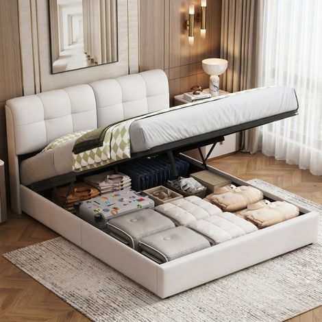 Lit coffre 160x200 cm avec éclairage led 7 couleurs,lit double rembourré avec rangement hydraulique,sommier à lattes,velours,beige (1/5)