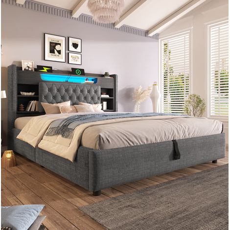 DESVIAE Lit rembourré 180 x 200 cm avec rangement hydraulique LED USB USB C tête de lit avec étagères et dossier en lin gris (1/5)