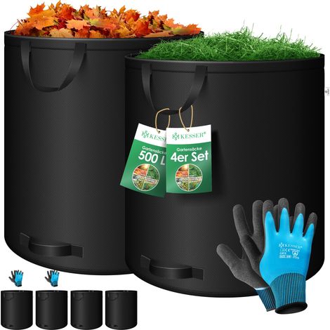 KESSER® Gartensack Set Laubsack Gartenabfallsack inkl. Handschuhe - Selbststehend 4 Griffe Stabil Robust & Faltbar - Laubsäcke Rasenschnitt Gartensäcke   Schwarz / 4x 500 Liter