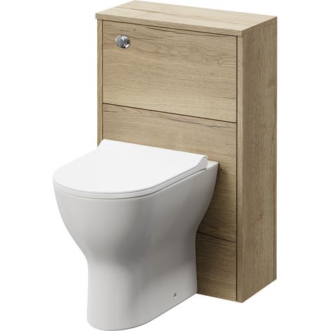 Horizon Autumn Oak 500mm Toilet Unit and Jubilee Short Projection Rimless Back to Wall Toilet Pan with Soft Close Toilet Seat (1/5)