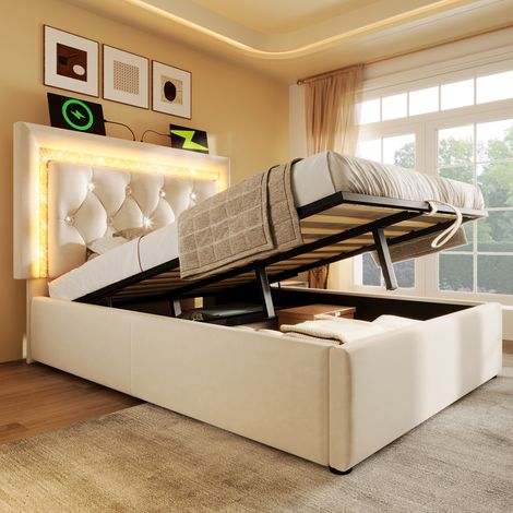 Lit 1 place capitonné velours 90x200, tête de lit en losange lumineuse LED, chargeur USB-C intégré, coffre relevable hydraulique, sommier lattes inclus, style scandinave pour chambre ado, beige, sans (1/5)