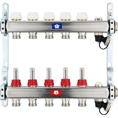 Fußbodenheizungsverteiler aus Edelstahl mit Topmeter für 5 Heizkreise - ohne Anschlussset (1/5)