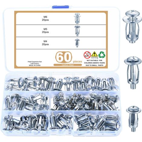 Juego de 60 piezas de anclajes metálicos para cavidades: tacos para paredes huecas M4/M5/M6, tuercas de expansión de alta resistencia (1/5)