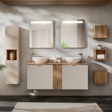 Set di lavabo doppio da 140 cm con 5 ante a specchio LED e 3 pensili Manoa Cashmere e Wood