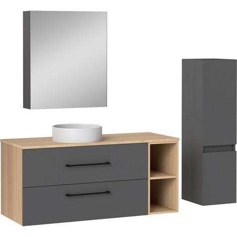 Acezanble Ensemble meuble salle de bain, Meuble 120cm avec 2 Tiroirs, Vasque et Miroir de Rangement, Colonne 110cm