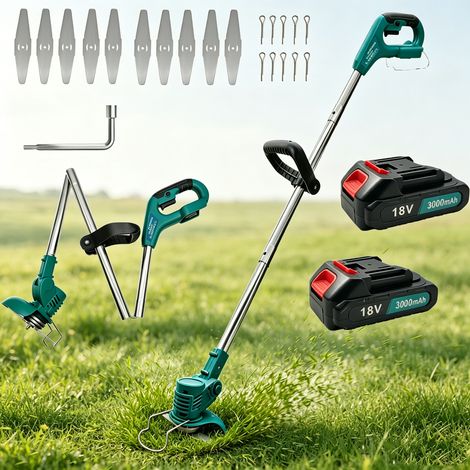 Coupe-herbe électrique sans fil Coupe-herbe Coupe-bordure de jardin + Lames, avec 1 batteries 3,0 A et chargeur, compatible avec le chargeur Makita