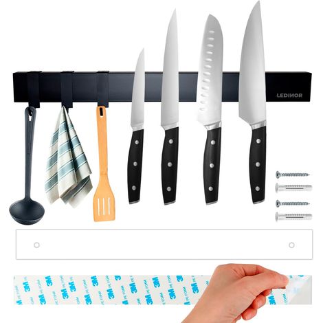 Barre magnétique pour couteaux de cuisine 40 cm noire + 3 crochets + vis et chevilles avec gabarit pour perceuse + ruban adhésif pour fixation sans trous  Support couteaux fixation facile (1/5)