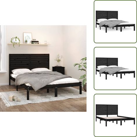 Cadre de lit sans matelas noir 150x200 cm bois massif - Cadre De Lit - Lit Double - Lit En Bois - Lit Massif - Tête De Lit (1/5)