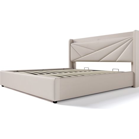 Lit double avec rangement 180x200 cm beige, tête de lit USB-C, cadre en lin (1/5)