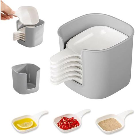 Juego de 7 platos y soportes para salsas, Plato de plástico con caja de almacenamiento, kétchup, salsa de soja, mostaza con miel, Gris, blanco (1/5)