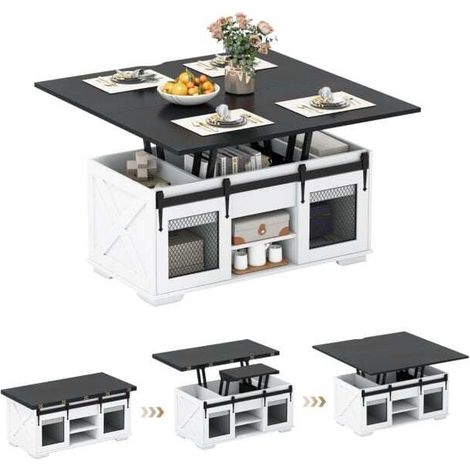 Table de repas convertible 3 en 1 avec 3 compartiments de rangement cachés - noir et blanc (1/5)