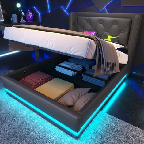 Cama con espacio de almacenamiento PU negra 90x200 cm con LED, USB y USB-C, somier de láminas incluido (1/5)