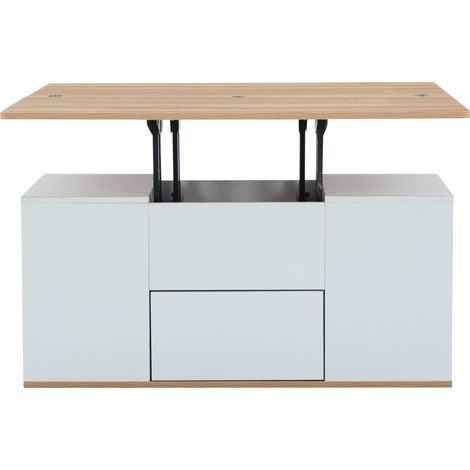 =313593594WAA Table basse multifonction relevable - le plateau s’ouvre en 2 tables, blanc + couleur bois naturel, grande capacité, mobilier moderne pour salon, table de salle à manger de bureau, table