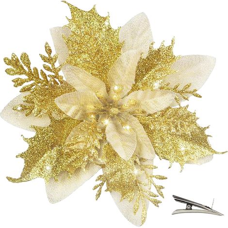 20 Pièces Fleur de Noël pour Sapin avec Clip, Fleurs de Noel Artificielles Glitter, Fleur Poinsettia Noel de Scintillantes pour Guirlande, Couronne, Sapin Noël Décoration (Or) (1/5)