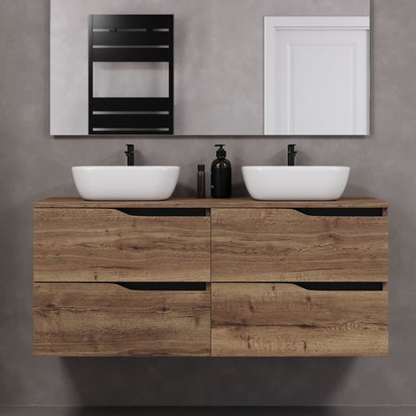 Meuble de salle de bain 120cm avec plateau et deux vasques à poser zeus - 4 tiroirs - sans miroir - tabaco (chêne foncé) - LUNA (1/5)