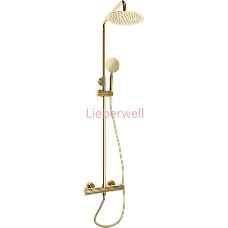 1/2, LIEBERWELL Retro Gold Brass Shower Column with Thermostatic Mixer, Stainless Steel Wall Mount Shower Kit, NPT 1.5m Hose, Adjustable 70-110cm (1/5)