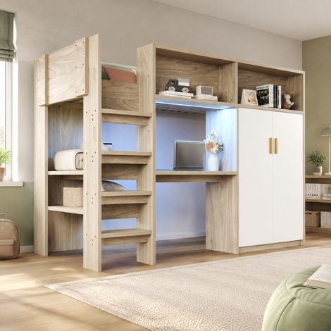 Letto a soppalco 90 x 200 cm con scrivania, armadio, ripiani e LED, colore legno HAVRYA (1/5)