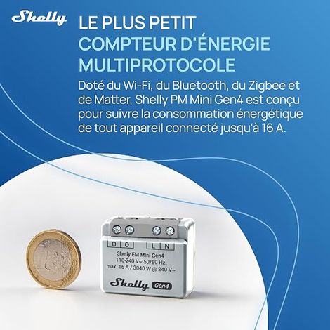 Shelly EM Mini Gen4 – Misuratore di consumo elettrico Matter, Wi-Fi e Zigbee, 1 canale - 16 A 240 VAC, contatore di potenza wireless, amperometro e voltmetro, archiviazione dati nell'app (1/4)