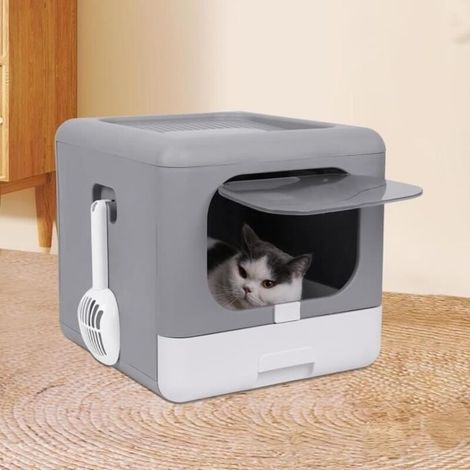 Lettiera per gatti, grande casetta da toilette pieghevole con coperchio, vassoio estraibile e paletta per la lettiera, toilette per gatti con coperchio