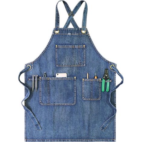 Tablier en denim avec poches pratiques - Idéal pour coiffeurs, artisans, baristas, cuisiniers - pour hommes et femmes - Bleu (1/5)