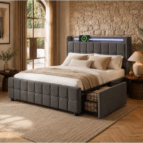 lit adulte couchage rangement 160x200 LED USB bois OKMYHOME (1/5)