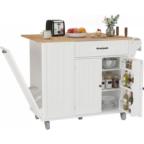 Kücheninsel-Unterschrank Bealife Küchenschrank Klappbar mit klappbarer Arbeitsplatte Schubladen Versteckter Abfalleimer Weiß 100 x 81 x 90 cm