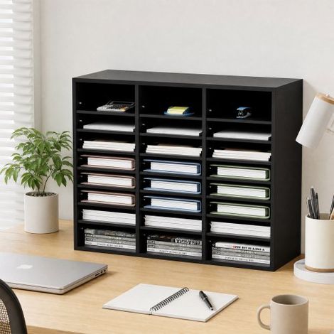 Organisateur de Bureau en Bois 74x30,5x62 cm Trieur de Documents à 24 Compartiments Corbeille à Courrier Panneau Aggloméré Étagère Amovible Classeur pour Rangement Fichiers Magazines École Noir (1/4)