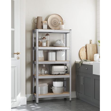 SONGMICS Set di 2 Scaffalature a 5 Ripiani, Scaffale in Acciaio, Montaggio Rapido, Utensili, Strumenti in Garage, Magazzino, Ripostiglio, Portante 650 kg, 30 x 75 x 150 cm, Argento (1/5)