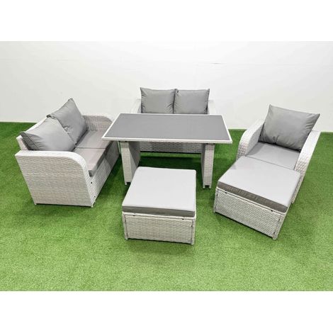 Fimous Rattan Sofa Outdoor Furniture with Dining Table,Love Sofa,2 Big Stools Patio Furniture Light Grey 7 Seater (1/4)