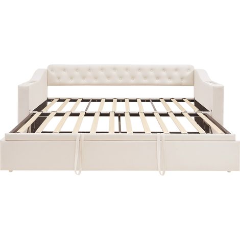Verwandlungs-Bettsofa 90x190 cm aus beigem Samt mit USB-Anschlüssen und Stauraum (1/5)