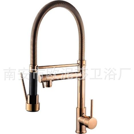Cross-border exclusive spring-loaded kitchen hot and cold water faucet, kitchen sink/dishwasher/vegetable basin rotating dual-function faucet - zinc-plated copper rose gold encrypted spring model