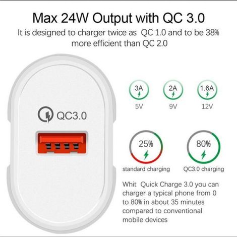 Chargeur USB Portable 8 W - Prise UE - Compatible Quick Charge 3.0 Et 2.0 - Câble USB Type-C 1 M - Pour Smartphone Et Tablette (1/4)