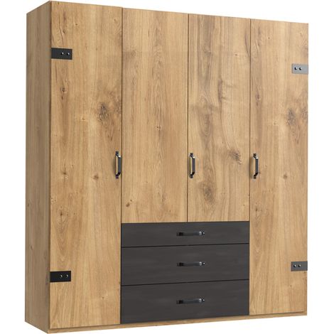 Armoire design 4 portes Imitation chêne poutre rechampis raw steel - L200 x H216 x P58 cm -PEGANE- (1/2)