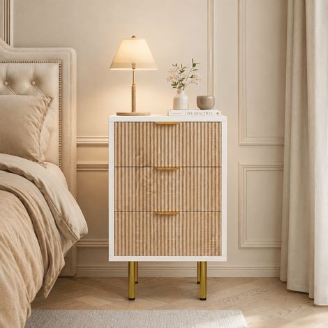 Commode à 3 tiroirs 40x40x65 cm, Commode Chambre Adulte avec Poignées et Pieds en Métal Doré, Meuble de Rangement pour Salon, Chambre et Entrée, Bois,Couleur Bois+Blanc (1/5)