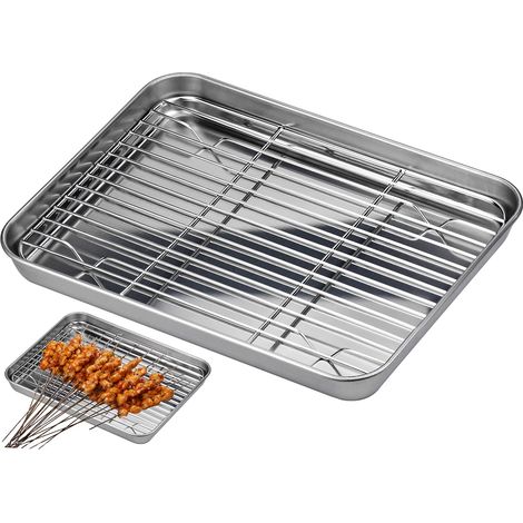 Plaque de cuisson avec grille, plaque de cuisson en acier inoxydable, moule à gâteaux, avec grille de refroidissement : 1 plaque 26,5 x 20 x 2,5 cm + 1 grille 26,5 x 20 x 2,5 cm
