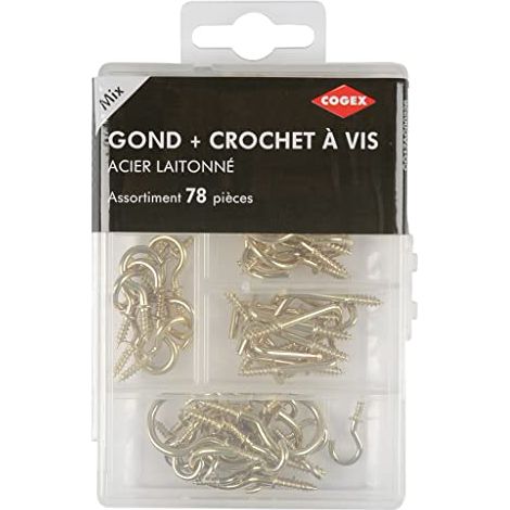 COGEX - CROCHET ASSORTIMENT - ACIER LAITONNé - 78 PIèCES - CROCHET ET GOND à VIS - 78 CROCHETS POUR VIS DE TYPE L ET CROCHETS PO